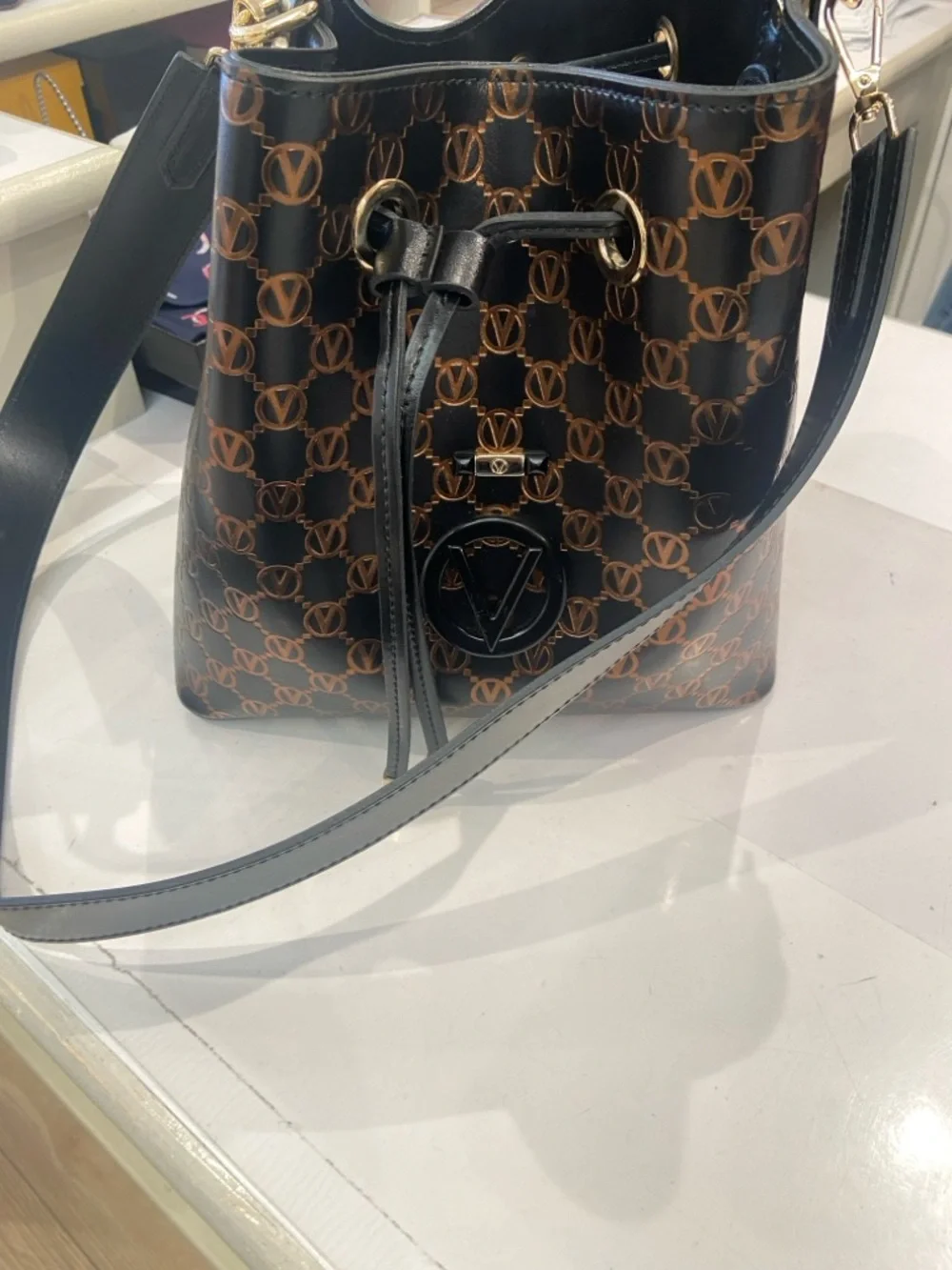 Mario Valentino Black and Brown Logo Drawstring Hobo/ Bucket Bag GC